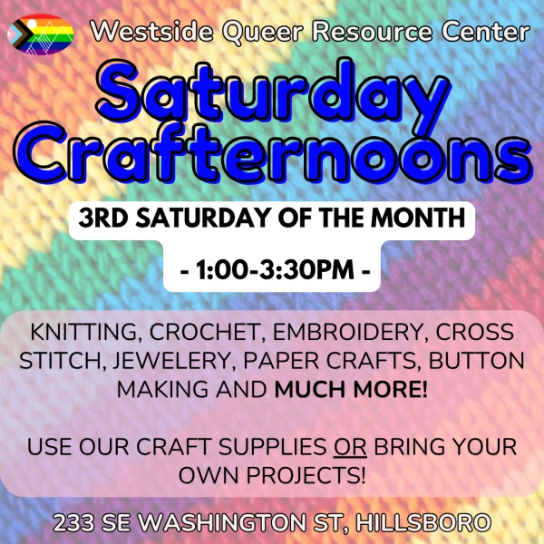 Saturday Crafternoons flyer.
Knitting, crochet, embroidery, cross stitch, jewlery, paper crafts, button making and much more!

Use our craft supplies OR bring your own projects.

More information in event description.